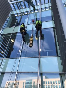 commercial glass replacement via abseil