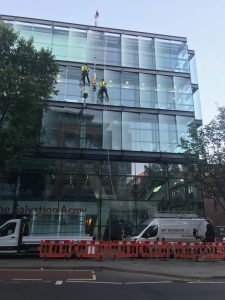 high level glass replacement with abseil and floor crane. SIte set up