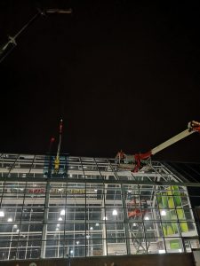high level glass replacement using crane and mechanical access